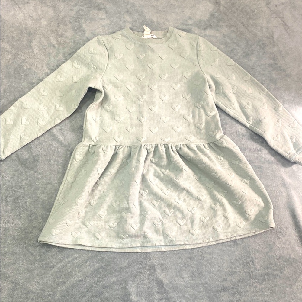 Girls’H&M size 8-10 Heart Patterned Long Sleeve Dress, light teal
